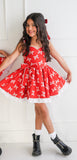 Red bow flutter sleeve dress
